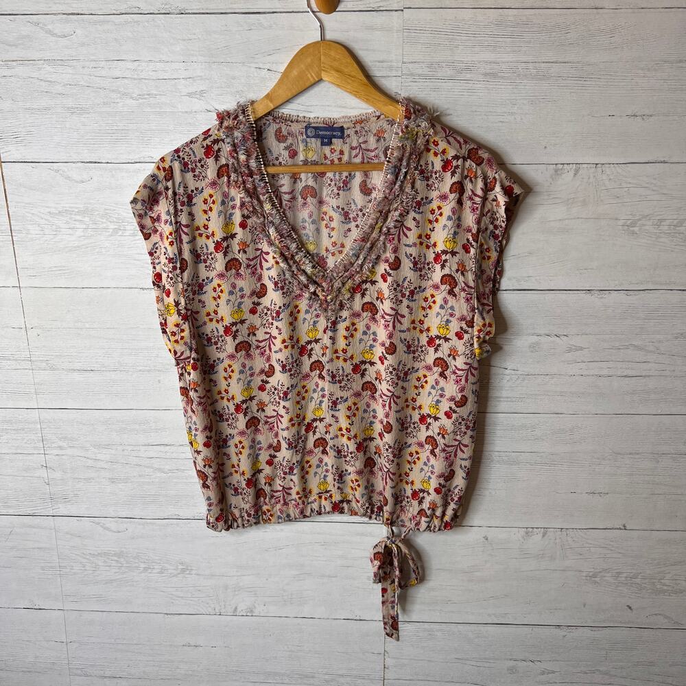 Democracy Blouse Womens Size Medium Floral Boho Tie at Waist Colorful Spring - Picture 3 of 16